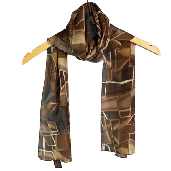 DANIER Silky Semi Sheer Geometric Print Rectangular Scarf Earth Tones Hair Neck - Picture 9 of 9